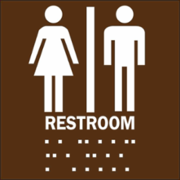 Braille Restroom Sign 8 Inch x 8 Inch White on Brown Plastic, Rigid Design