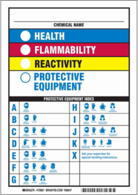 Chemical Name Health Flammability Instability Protective Equipment Protective Equipment Index Sign, 10" H x 7" W x .035" D, Magnetic Vinyl
