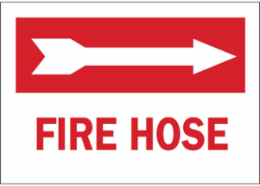 Fire Hose Sign, 10" H x 14" W x 0.1" D, Red on White, Fiberglass, Arrow Direction: Right