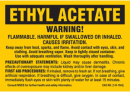 ETHYL ACETATE WARNING! FLAMMABLE. HARMFUL IF SWALLOWED OR INHALED. CAUSES IRRITATION…, 3.5" H x 5" W, Black on Yellow, Pack of 25 Labels