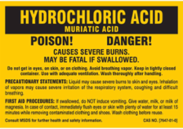 HYDROCHLORIC ACID POISON! DANGER! CAUSES SEVERE BURNS. MAY BE FATAL IF SWALLOWED…, 2" H x 2" W, Black on Yellow, Pack of 25 Labels