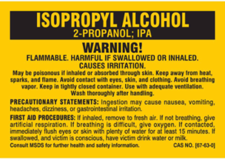WARNING! FLAMMABLE. HARMFUL IF SWALLOWED OR INHALED. CAUSES IRRITATION…, 2" H x 2" W, Black on Yellow, Pack of 25 Labels