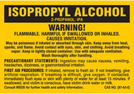 ISOPROPYL ALCOHOL WARNING! FLAMMABLE. HARMFUL IF SWALLOWED OR INHALED. CAUSES IRRITATION…, 3" H x 5" W, Black on Yellow, Pack of 25 Labels
