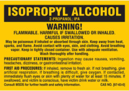 ISOPROPYL ALCOHOL WARNING! FLAMMABLE. HARMFUL IF SWALLOWED OR INHALED. CAUSES IRRITATION…, 3" H x 5" W, Black on Yellow, Pack of 25 Labels