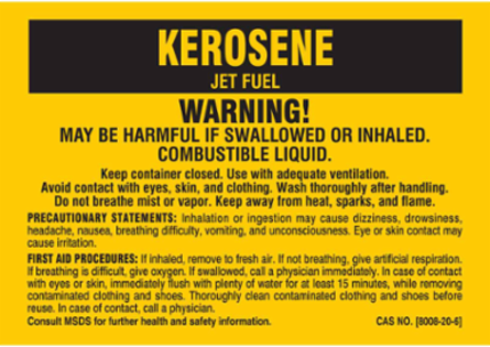 WARNING! MAY BE HARMFUL IF SWALLOWED OR INHALED. COMBUSTIBLE LIQUID…, 7" H x 10" W, Black on Yellow, Pack of 25 Labels