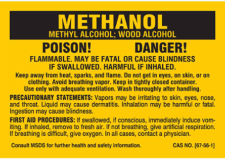 POISON! DANGER! FLAMMABLE. MAY BE FATAL OR CAUSE BLINDNESS IF SWALLOWED. HARMFUL IF INHALED…, 2" H x 2" W, Black on Yellow, Pack of 25 Labels