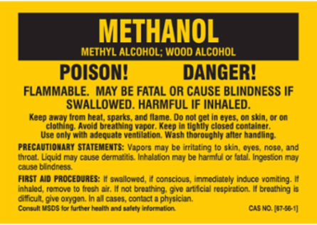 POISON! DANGER! FLAMMABLE. MAY BE FATAL OR CAUSE BLINDNESS IF SWALLOWED. HARMFUL IF INHALED…, 2" H x 5" W, Black on Yellow, Pack of 25 Labels