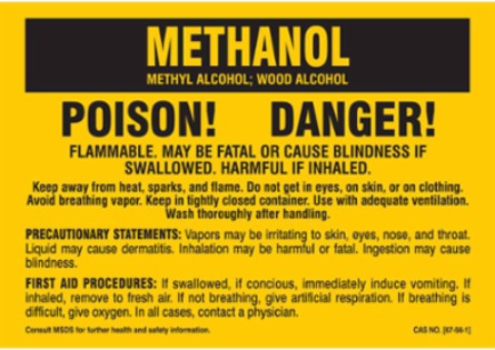 POISON! DANGER! FLAMMABLE. MAY BE FATAL OR CAUSE BLINDNESS IF SWALLOWED. HARMFUL IF INHALED…, 2" H x 10" W, Black on Yellow, Pack of 25 Labels
