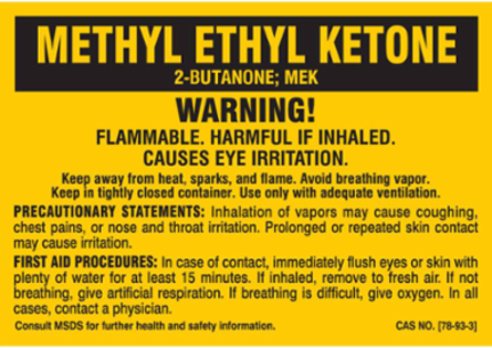 METHYL ETHYL KETONE WARNING! FLAMMABLE. HARMFUL IF INHALED. CAUSES EYE IRRITATION…, 2" H x 5" W, Black on Yellow, Pack of 25 Labels