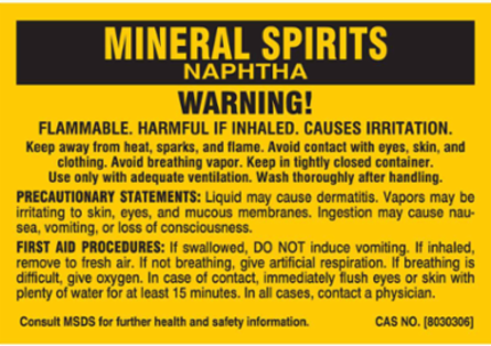 MINERAL SPIRITS NAPHTHA WARNING! FLAMMABLE. HARMFUL IF INHALED. CAUSES EYE IRRITATION…, 2" H x 2" W, Black on Yellow, Pack of 25 Labels