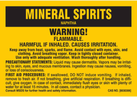 MINERAL SPIRITS NAPHTHA WARNING! FLAMMABLE. HARMFUL IF INHALED. CAUSES EYE IRRITATION…, 3.5" H x 5" W, Black on Yellow, Pack of 25 Labels