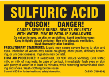 POISON! DANGER! CAUSES SEVERE BURNS. REACTS VIOLENTLY WITH WATER. MAY BE FATAL IF SWALLOWED…, 2" H x 2" W, Black on Yellow, Pack of 25 Labels