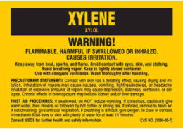 XYLENE XYLOL WARNING! FLAMMABLE. HARMFUL IF SWALLOWED OR INHALED. CAUSES IRRITATION…, 2" H x 5" W, Black on Yellow, Pack of 25 Labels