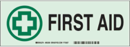 BradyGlo First Aid Sign 3.5 Inch x 10 Inch, Glow in the Dark, Photoluminescent Polyester