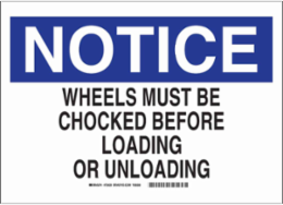 NOTICE Wheels Must Be Chocked Before Loading And Unloading Sign, 10" H x 14" W x 0.1" D, Fiberglass