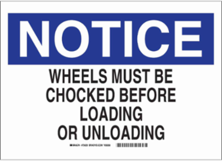 NOTICE Wheels Must Be Chocked Before Loading and Unloading Sign, 0.1" D, Fiberglass