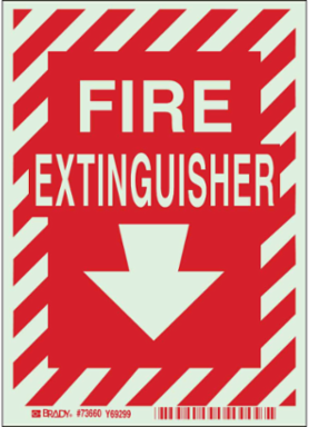 BradyGlo Photoluminescent Fire Extinguisher Sign, 7 Inch H x 5 Inch W, Red on Glow