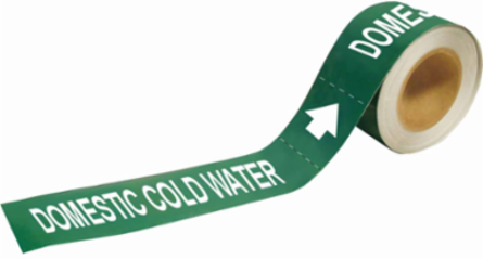 Self-Adhesive Pipe Marker: DOMESTIC COLD WATER, 2" H x 12" W, Roll of 25 Each, Fits Pipes 2.5" Dia. Thru 6" Dia.