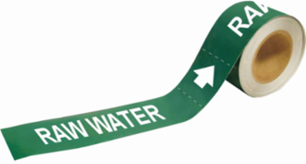 Self-Adhesive Pipe Marker: RAW WATER, 2" H x 12" W, Roll of 25 Each, Fits Pipes 2.5" Dia. Thru 6" Dia.