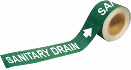 Sanitary Drain Pipe Marker, 2" H x 12" W, Roll of 25 Each, Fits Pipes 2.5" Dia. Thru 6" Dia.