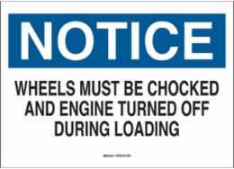 NOTICE Wheels Must Be Chocked And Engine Turned Off During Loading Sign, 14" H x 20" W x 0.1" D, Fiberglass