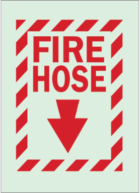 Fire Hose Sign, 14" H x 10" W x 0.008" D, Red on Glow, Polyester