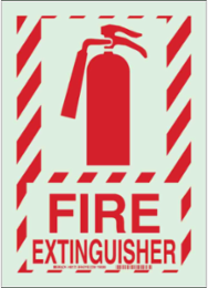 Fire Extinguisher Sign, 14" H x 10" W x 0.063" D, Red on Glow, BradyGlo Plastic