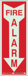 Fire Alarm Sign, 14" H x 5" W x 0.008" D, Red on Glow, Polyester