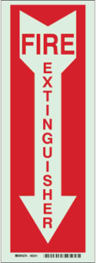 Fire Extinguisher Sign, 14" H x 5" W x 0.008" D, Red on Glow, Polyester