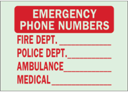 BradyGlo Emergency Phone Numbers Sign, 7 Inch H x 10 Inch W, Glow in the Dark, Polystyrene