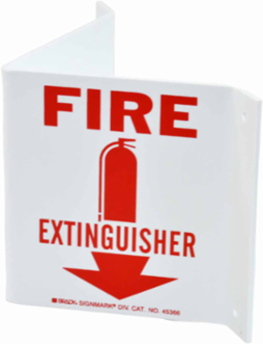 V Fire Extinguisher Sign, 8" H x 14.5" W x 0.1" D, Red on White, Plastic