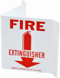 V Fire Extinguisher Sign, 8" H x 14.5" W x 0.1" D, Red on White, Plastic