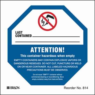 ATTENTION! This container hazardous when empty…Black/Blue/Red on White, 4" H x 4 in W, Paper, Pack of 100 Labels