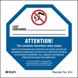ATTENTION! This container hazardous when empty…Black/Blue/Red on White, 4" H x 4 in W, Paper, Pack of 100 Labels