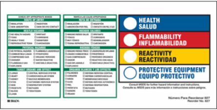HEALTH/SALUD, FLAMMABILITY/INFLAMABILIDAD, REACTIVITY/REACTIVIDAD, PROTECTIVE EQUIPMENT/EQUIPO PROTECTIVO…, 4" H x 8" W, Black/Green/Red/Yellow on White, Pack of 100 Labels