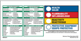 HEALTH/SALUD, FLAMMABILITY/INFLAMABILIDAD, REACTIVITY/REACTIVIDAD, PROTECTIVE EQUIPMENT/EQUIPO PROTECTIVO…, 4" H x 8" W, Black/Green/Red/Yellow on White, Pack of 100 Labels