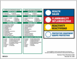 HEALTH/SALUD, FLAMMABILITY/INFLAMABILIDAD, REACTIVITY/REACTIVIDAD, PROTECTIVE EQUIPMENT/EQUIPO PROTECTIVO…, 4" H x 6" W, Black/Green/Red/Yellow on White, Pack of 100 Labels