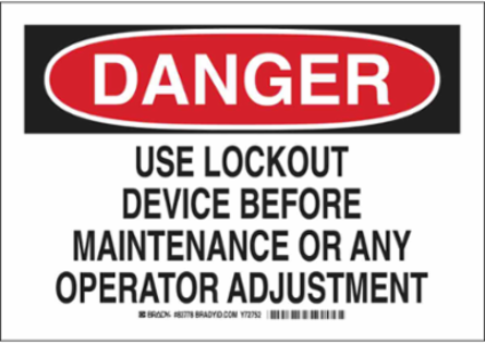 DANGER Use Lockout Device Before Maintenance Or Any Operator Adjustment Sign, 7" H x 10" W x 0.006" D, Polyester