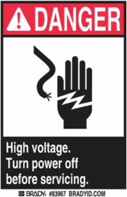 DANGER High Voltage Sign, 5" H x 3.5" W x 0.006" D, Polyester