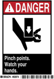 DANGER Pinch Points. Watch Your Hands. Sign, 5" H x 3.5" W x 0.006" D, Polyester