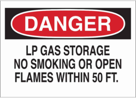 DANGER LP Gas Storage No Smoking Or Open Flames Within 50'. Sign, 7" H x 10" W x 0.006" D, Polyester