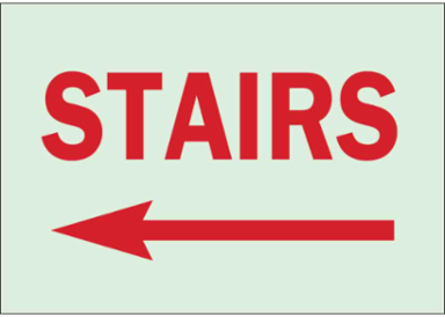 BradyGlo Glow-In-The-Dark Stairs Sign, 7 Inch x 10 Inch x 0.063 Inch, Polystyrene, Left Arrow