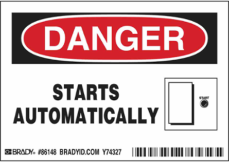 DANGER STARTS AUTOMATICALLY Labels, 3.5" H x 5" W x 0.006" D, Black/Red on White