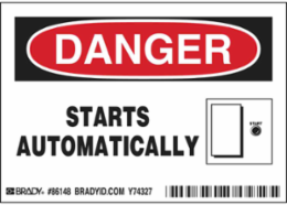 DANGER STARTS AUTOMATICALLY Labels, 3.5" H x 5" W x 0.006" D, Black/Red on White