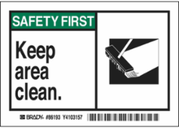 SAFETY FIRST KEEP AREA CLEAN Labels, 3.5" H x 0.006" D, Black/Green on White