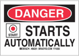 DANGER Starts Automatically (5/Package) Sign, 3.5" H x 5" W x 0.006" D, Polyester