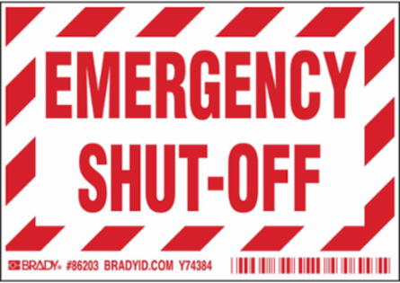 EMERGENCY SHUT OFF Labels, 3.5" H x 5" W x 0.006" D, Red on White