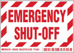 EMERGENCY SHUT OFF Labels, 3.5" H x 5" W x 0.006" D, Red on White