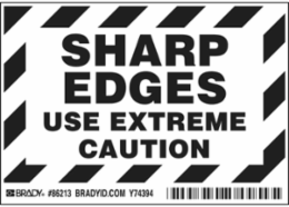 SHARP EDGES USE EXTREME CAUTION Labels, 3.5" H x 5" W x 0.006" D, Black on White