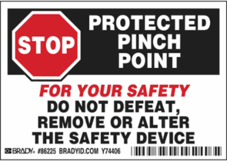 STOP PROTECTED PINCH POINT FOR YOUR SAFETY DO NOT Labels, 3.5" H x 5" W x 0.006" D, Black/Red on White
